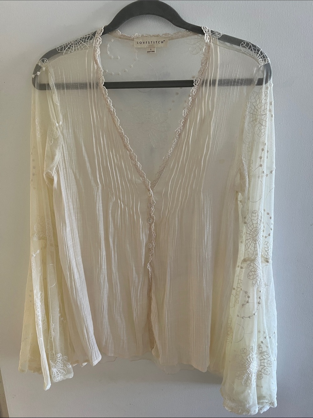 Lovestitch Sheer Lace-Trim Top in Ivory w/ bell sleeves - Picture 6 of 15